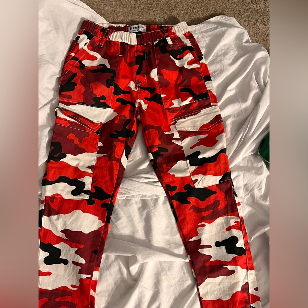 red camo cargo jogger pants